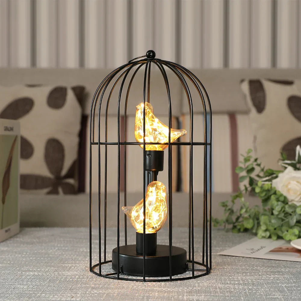 Warm White Fairy Light Table Lamp with Vintage Birdcage Frame and Bird Accent