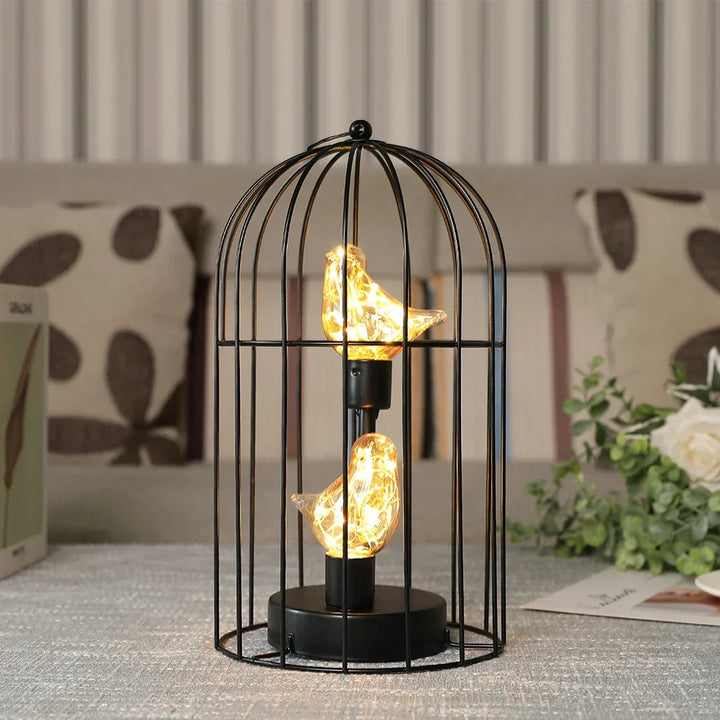 Warm White Fairy Light Table Lamp with Vintage Birdcage Frame and Bird Accent