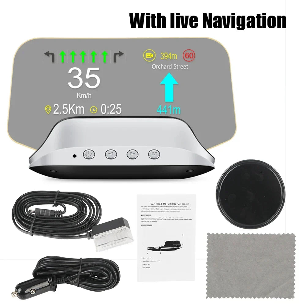 Head Up Display with GPS Navigation and Speed Monitoring, Auto Brightness