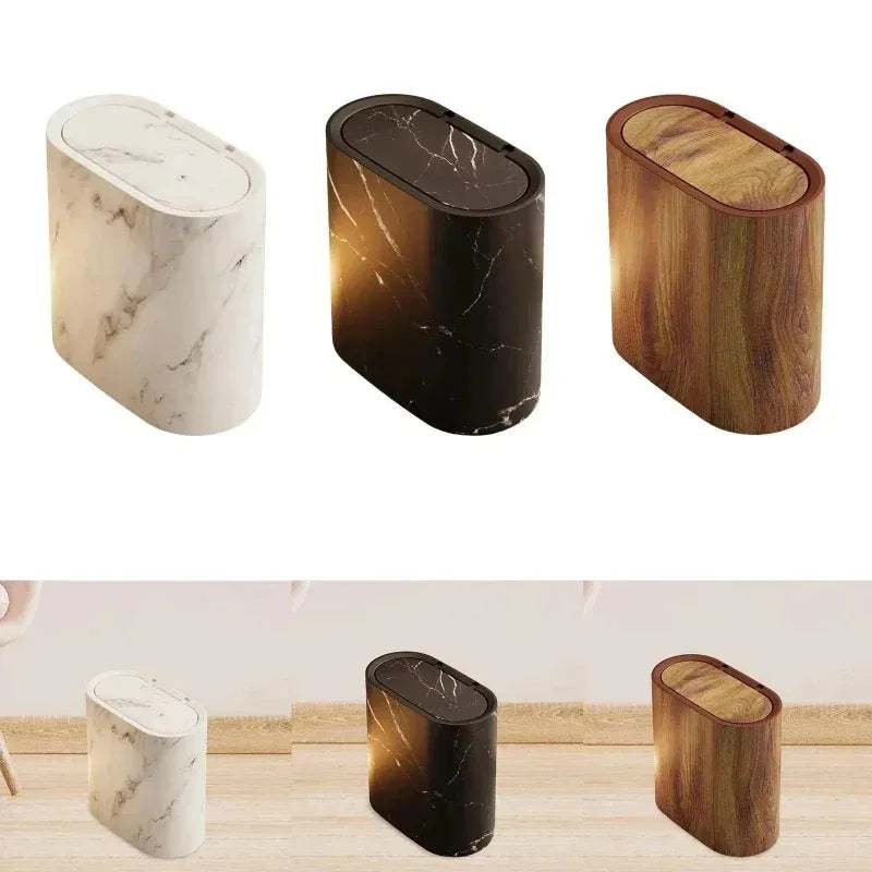 Elliptical Push Top Trash Can with Marble Texture Finish for Bathrooms