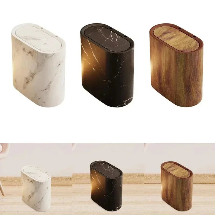 Elliptical Push Top Trash Can with Marble Texture Finish for Bathrooms