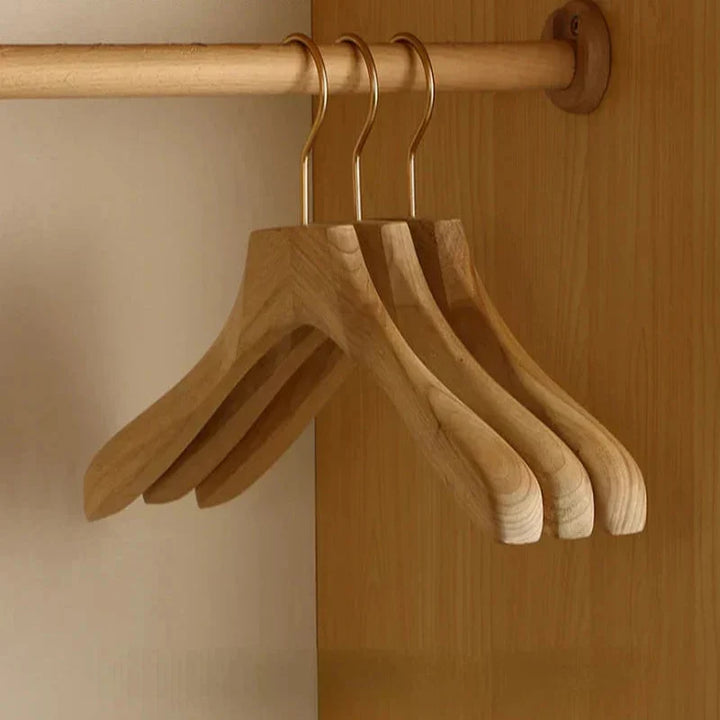 Wide Shoulder Wooden Hangers with Camphor Wood and Flocked Rod, Set of 2