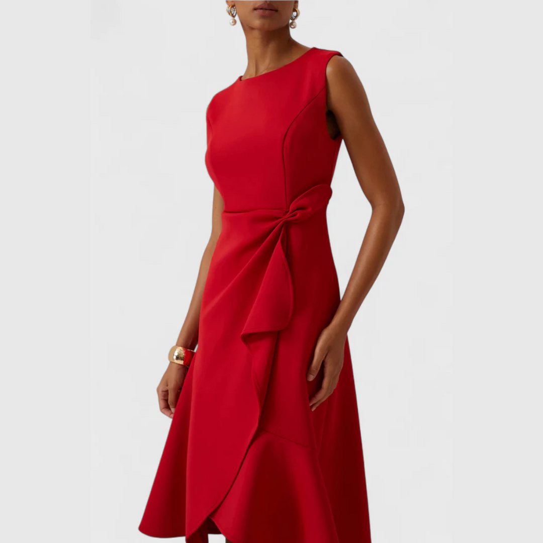 Asymmetric Midi Dress with Draped Hem and Sleeveless Cut, Lightweight Knit