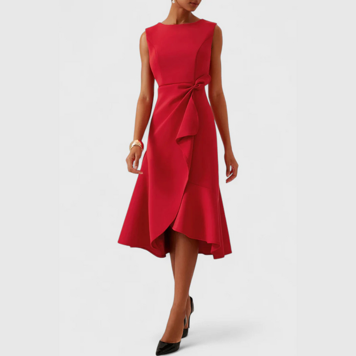 Asymmetric Midi Dress with Draped Hem and Sleeveless Cut, Lightweight Knit