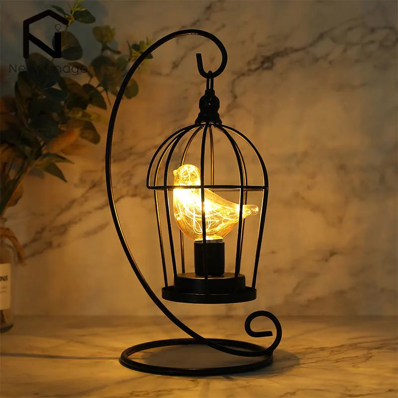 Warm White Fairy Light Table Lamp with Vintage Birdcage Frame and Bird Accent