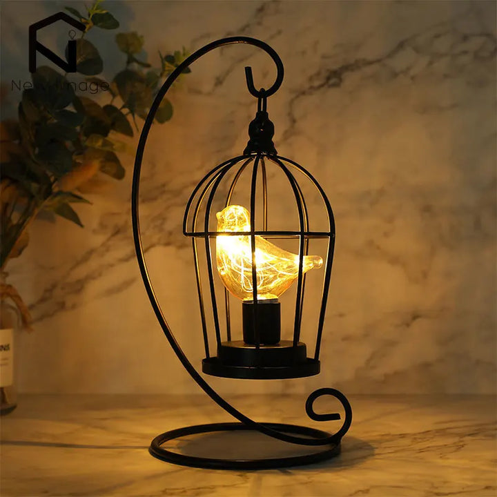 Warm White Fairy Light Table Lamp with Vintage Birdcage Frame and Bird Accent