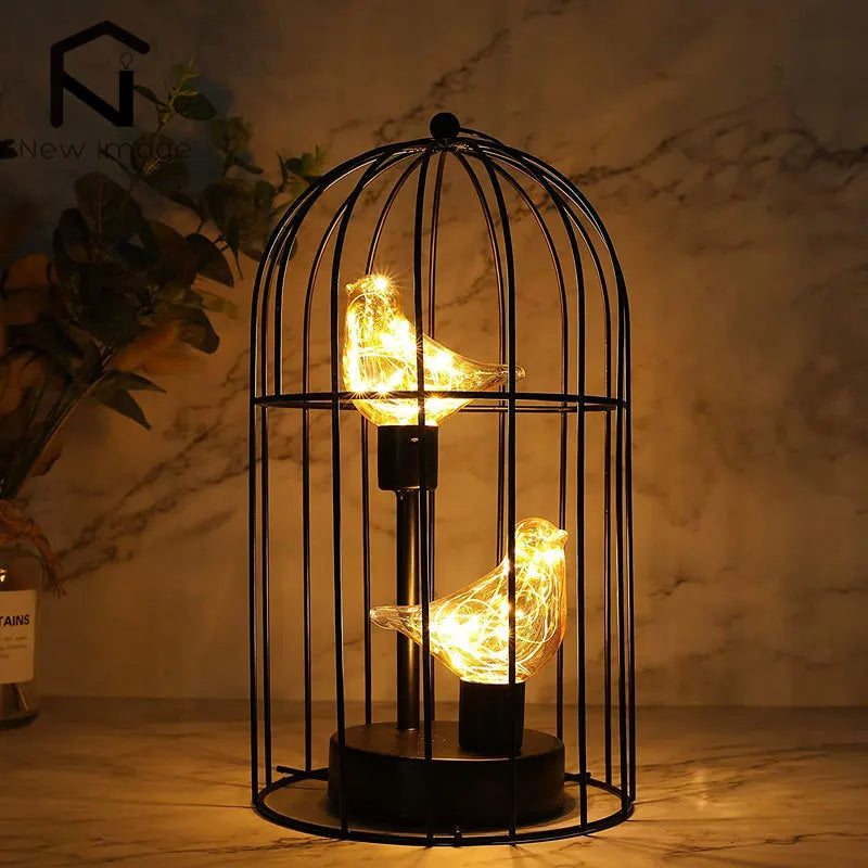 Warm White Fairy Light Table Lamp with Vintage Birdcage Frame and Bird Accent