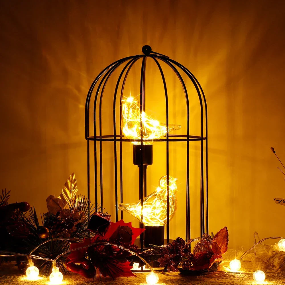 Warm White Fairy Light Table Lamp with Vintage Birdcage Frame and Bird Accent