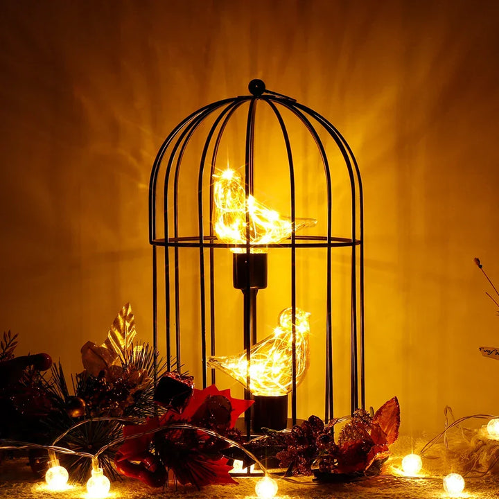 Warm White Fairy Light Table Lamp with Vintage Birdcage Frame and Bird Accent