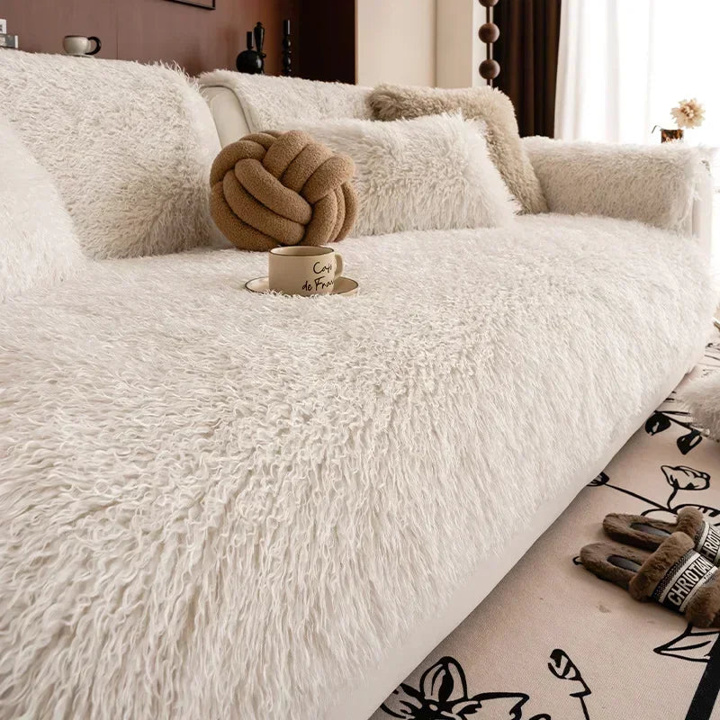 Stretchable Faux Lambswool Sofa Cover with Machine Washable Fabric and Pet Protection