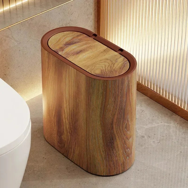 Elliptical Push Top Trash Can with Marble Texture Finish for Bathrooms