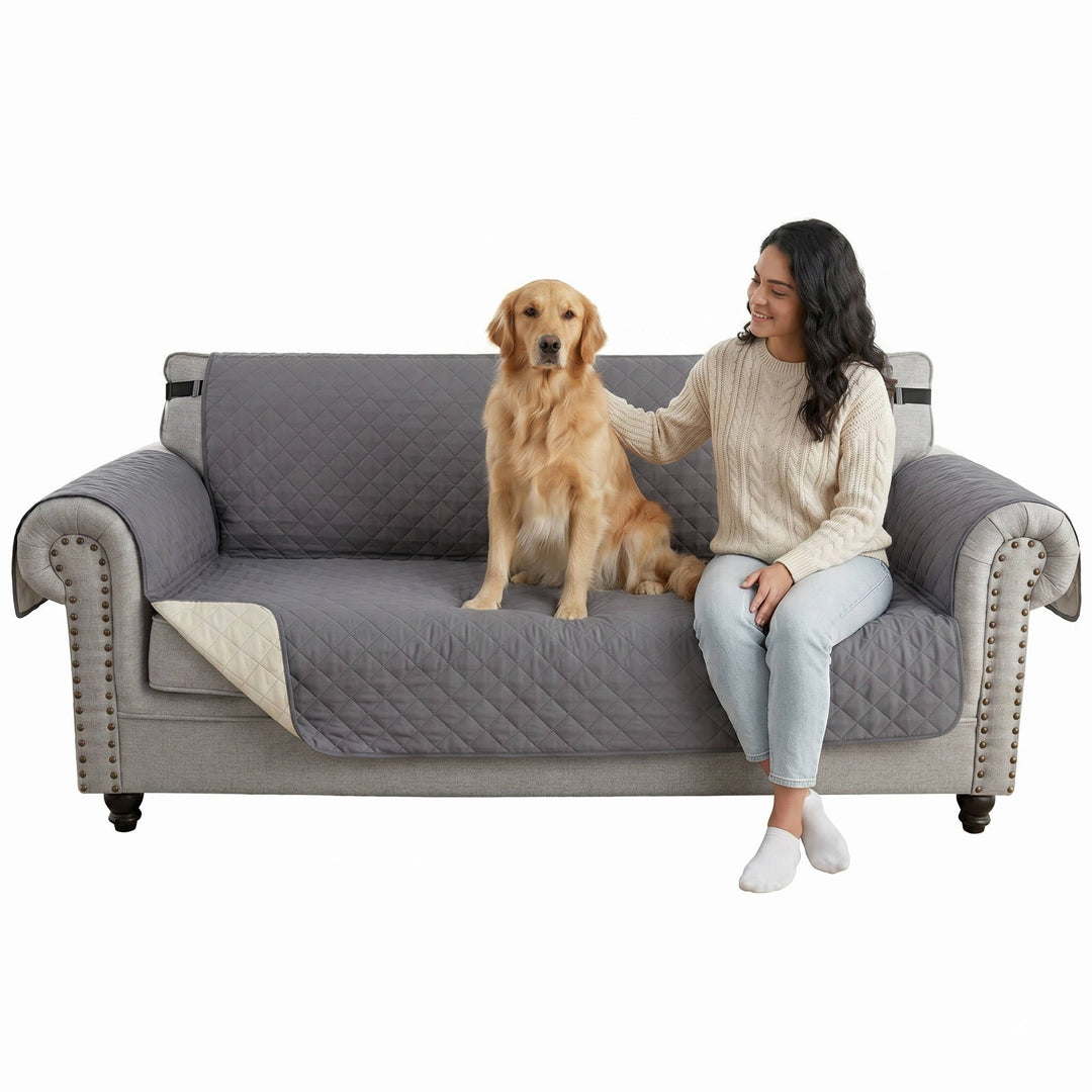 Reversible Sofa Cover for 3 Cushion Couch, Water Resistant Pet Protector with Elastic Straps