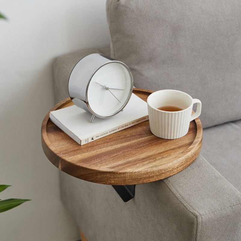 Wooden Sofa Arm Tray with Clip Attachment and Walnut Finish, 11.8in Wide