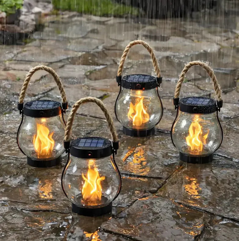 Solar Flame Lantern with Flickering LED and Auto Dusk Activation, 12-Hour Runtime