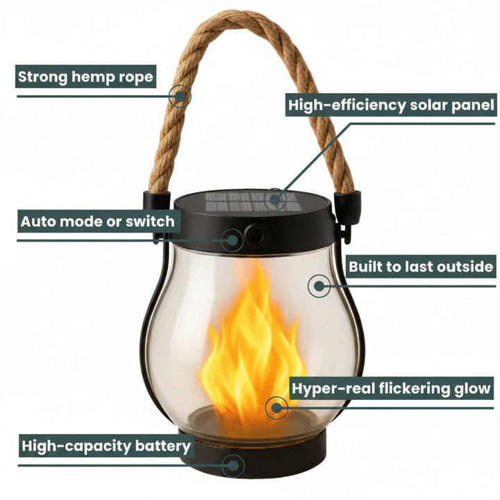 Solar Flame Lantern with Flickering LED and Auto Dusk Activation, 12-Hour Runtime