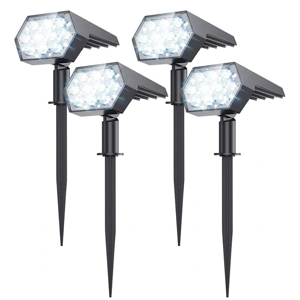 Solar Spot Lights Outdoor, 4 Pack IP67 Water-resistant Garden Spotlights with 2 Lighting Modes and Auto On and Off for Yard and Landscape