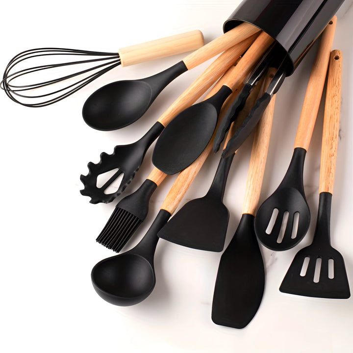 Silicone Kitchen Utensil Set with Bamboo Handles and Heat Resistant Heads, 12-Piece Dishwasher Safe