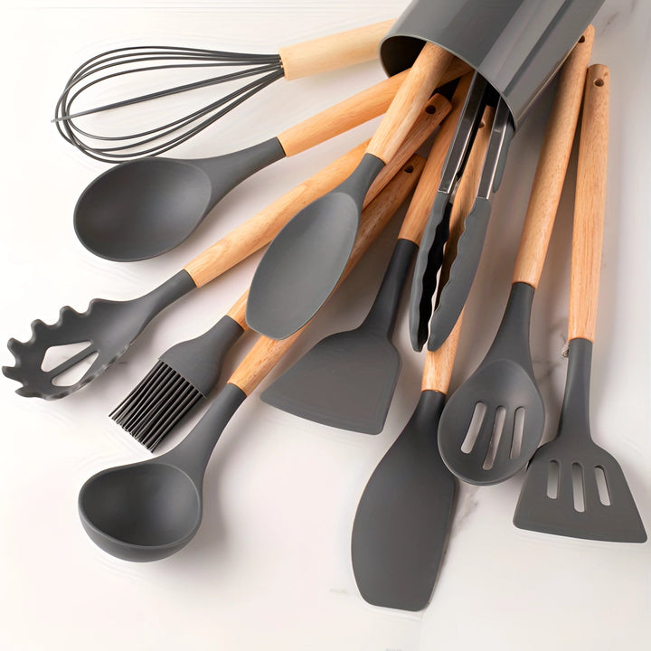 Silicone Kitchen Utensil Set with Bamboo Handles and Heat Resistant Heads, 12-Piece Dishwasher Safe