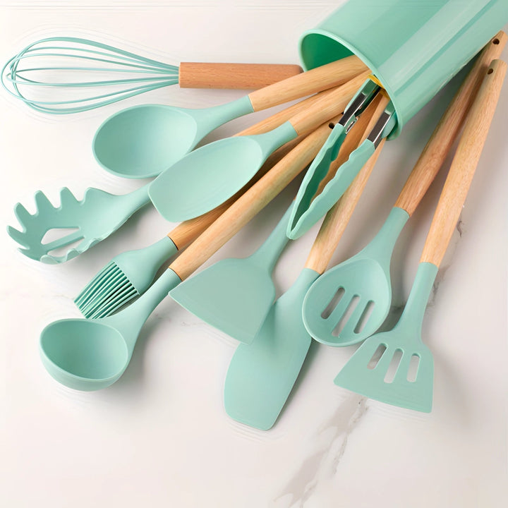 Silicone Kitchen Utensil Set with Bamboo Handles and Heat Resistant Heads, 12-Piece Dishwasher Safe