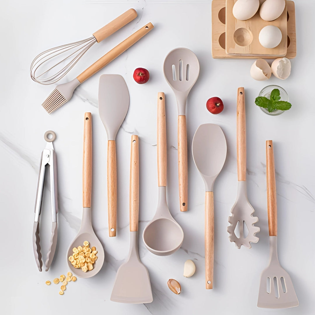 Silicone Kitchen Utensil Set with Bamboo Handles and Heat Resistant Heads, 12-Piece Dishwasher Safe