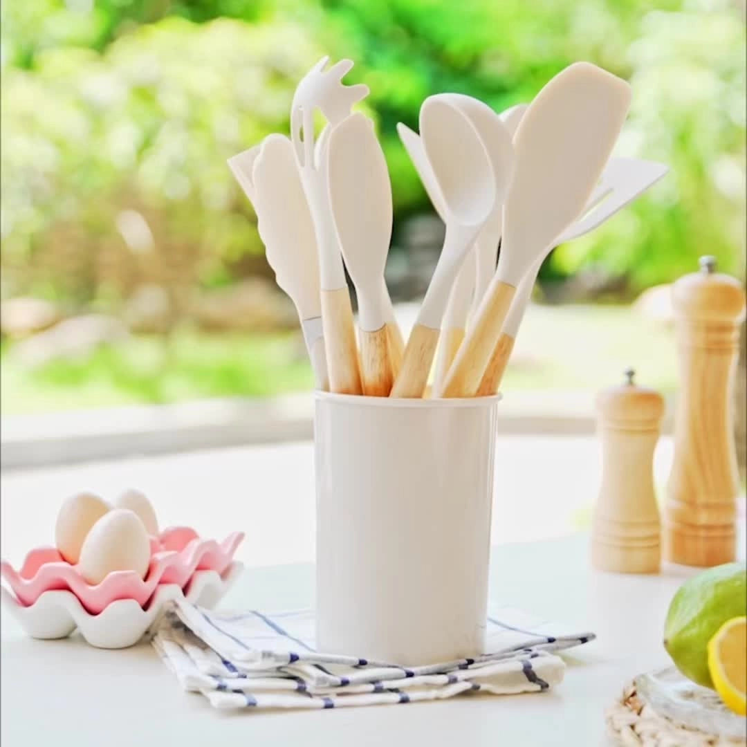 Silicone Kitchen Utensil Set with Bamboo Handles and Heat Resistant Heads, 12-Piece Dishwasher Safe