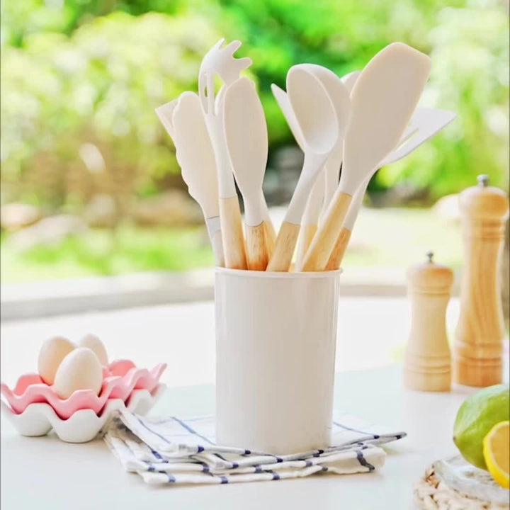 Silicone Kitchen Utensil Set with Bamboo Handles and Heat Resistant Heads, 12-Piece Dishwasher Safe