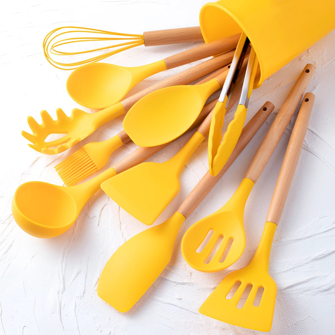 Silicone Kitchen Utensil Set with Bamboo Handles and Heat Resistant Heads, 12-Piece Dishwasher Safe