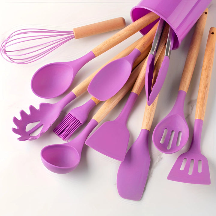 Silicone Kitchen Utensil Set with Bamboo Handles and Heat Resistant Heads, 12-Piece Dishwasher Safe