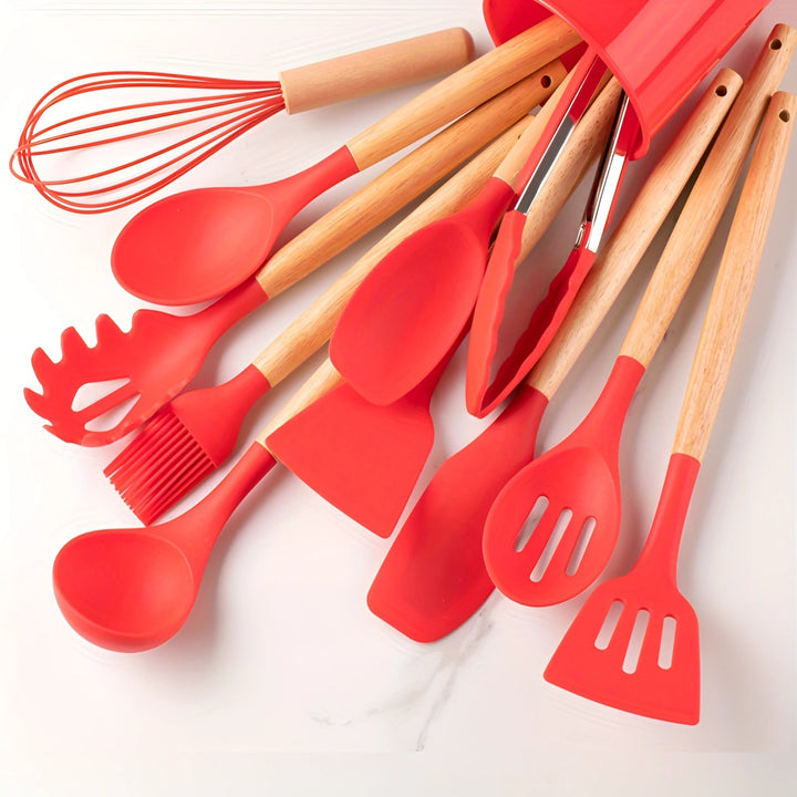 Silicone Kitchen Utensil Set with Bamboo Handles and Heat Resistant Heads, 12-Piece Dishwasher Safe