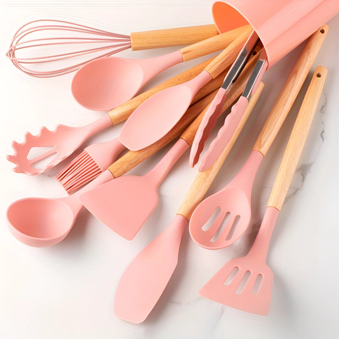 Silicone Kitchen Utensil Set with Bamboo Handles and Heat Resistant Heads, 12-Piece Dishwasher Safe