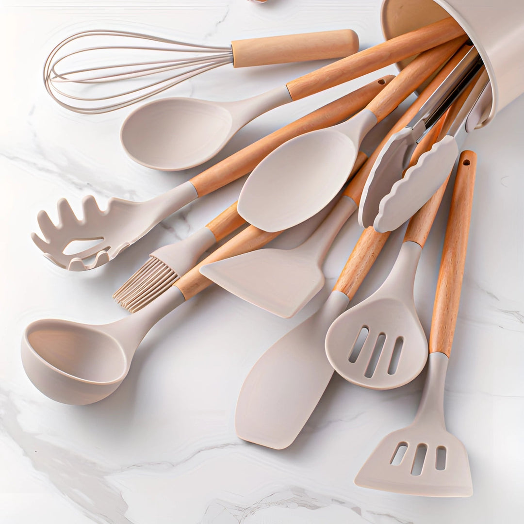 Silicone Kitchen Utensil Set with Bamboo Handles and Heat Resistant Heads, 12-Piece Dishwasher Safe