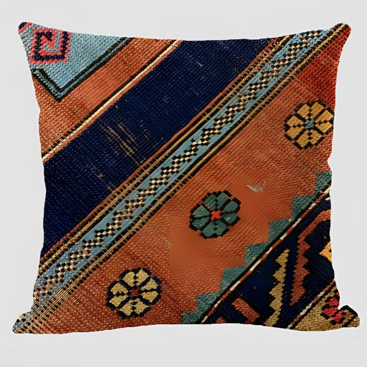 Bohemian Linen Cushion Cover with Handwoven Ethnic Patterns and Geometric Design, 17.7 Inch Square