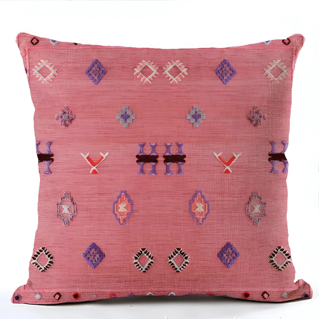 Bohemian Linen Cushion Cover with Handwoven Ethnic Patterns and Geometric Design, 17.7 Inch Square