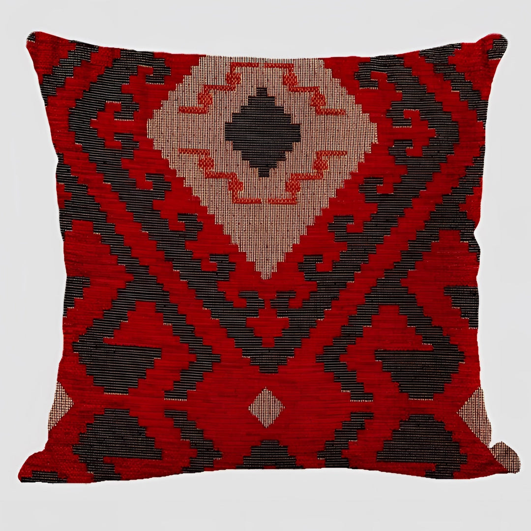 Bohemian Linen Cushion Cover with Handwoven Ethnic Patterns and Geometric Design, 17.7 Inch Square