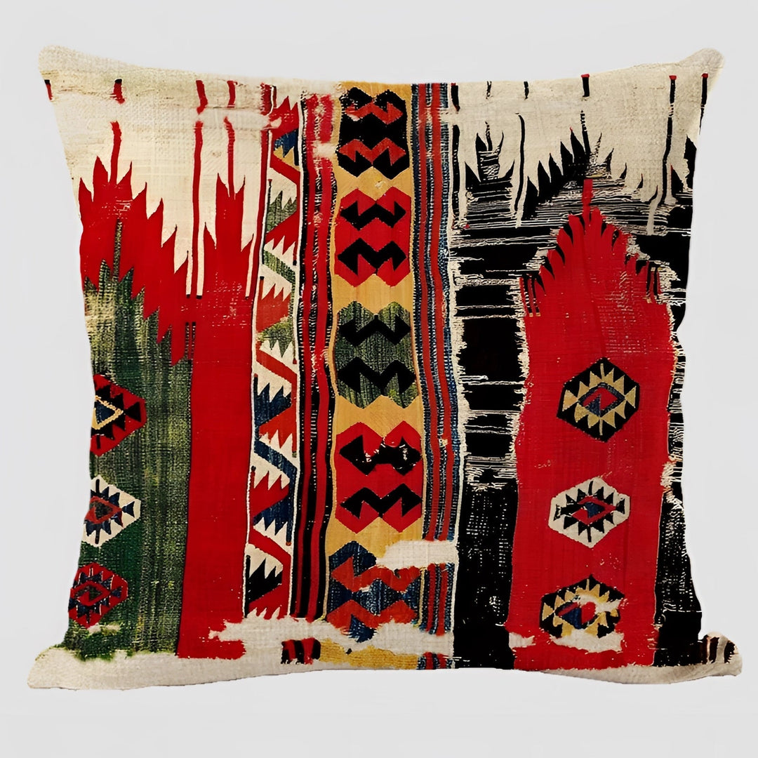 Bohemian Linen Cushion Cover with Handwoven Ethnic Patterns and Geometric Design, 17.7 Inch Square