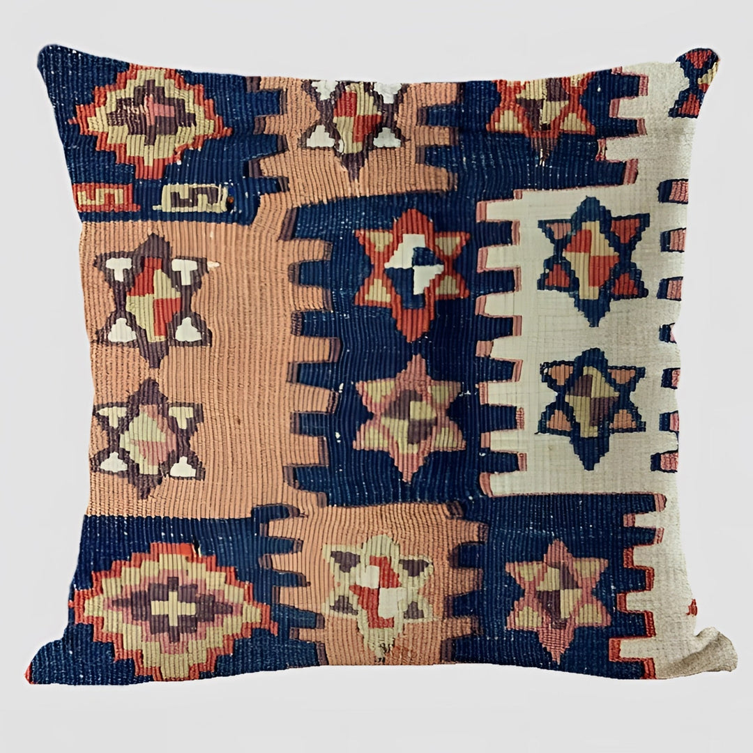 Bohemian Linen Cushion Cover with Handwoven Ethnic Patterns and Geometric Design, 17.7 Inch Square