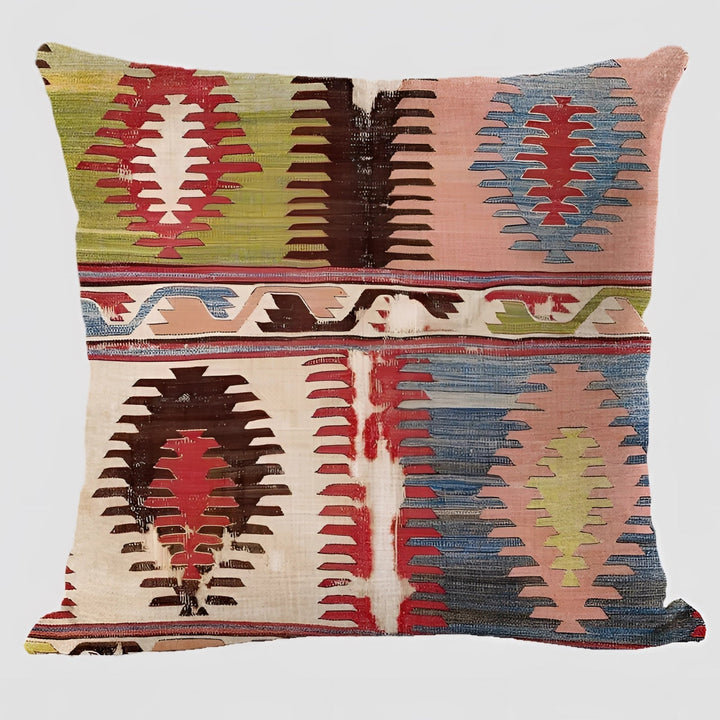 Bohemian Linen Cushion Cover with Handwoven Ethnic Patterns and Geometric Design, 17.7 Inch Square