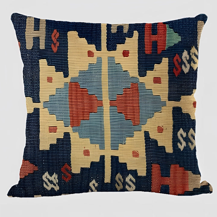 Bohemian Linen Cushion Cover with Handwoven Ethnic Patterns and Geometric Design, 17.7 Inch Square