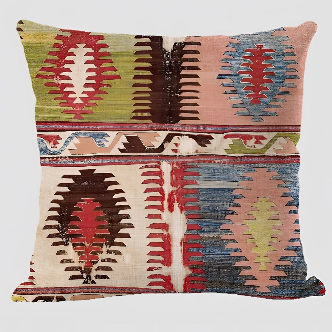 Bohemian Linen Cushion Cover with Handwoven Ethnic Patterns and Geometric Design, 17.7 Inch Square