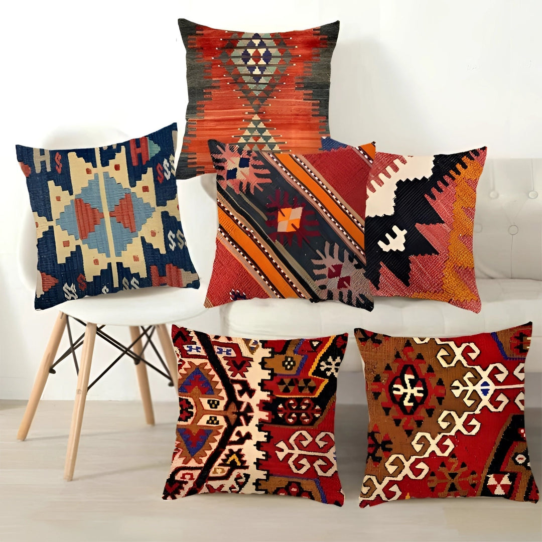 Bohemian Linen Cushion Cover with Handwoven Ethnic Patterns and Geometric Design, 17.7 Inch Square