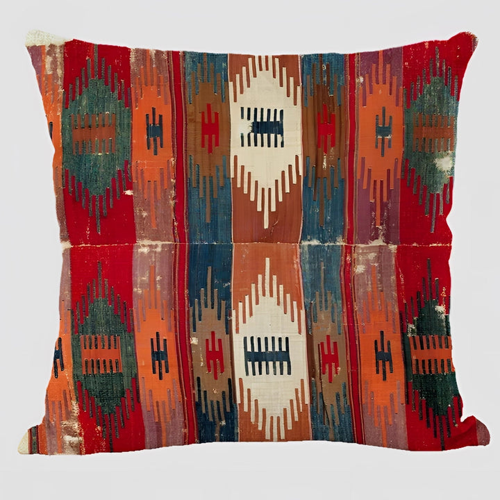 Bohemian Linen Cushion Cover with Handwoven Ethnic Patterns and Geometric Design, 17.7 Inch Square