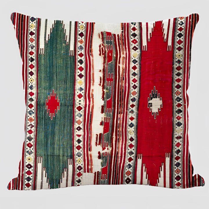 Bohemian Linen Cushion Cover with Handwoven Ethnic Patterns and Geometric Design, 17.7 Inch Square