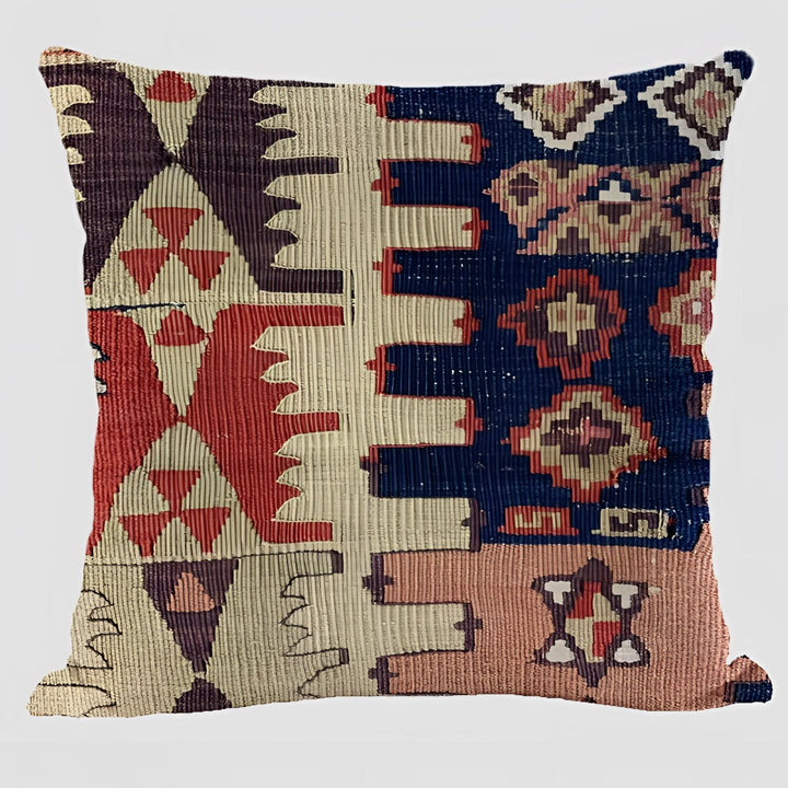 Bohemian Linen Cushion Cover with Handwoven Ethnic Patterns and Geometric Design, 17.7 Inch Square