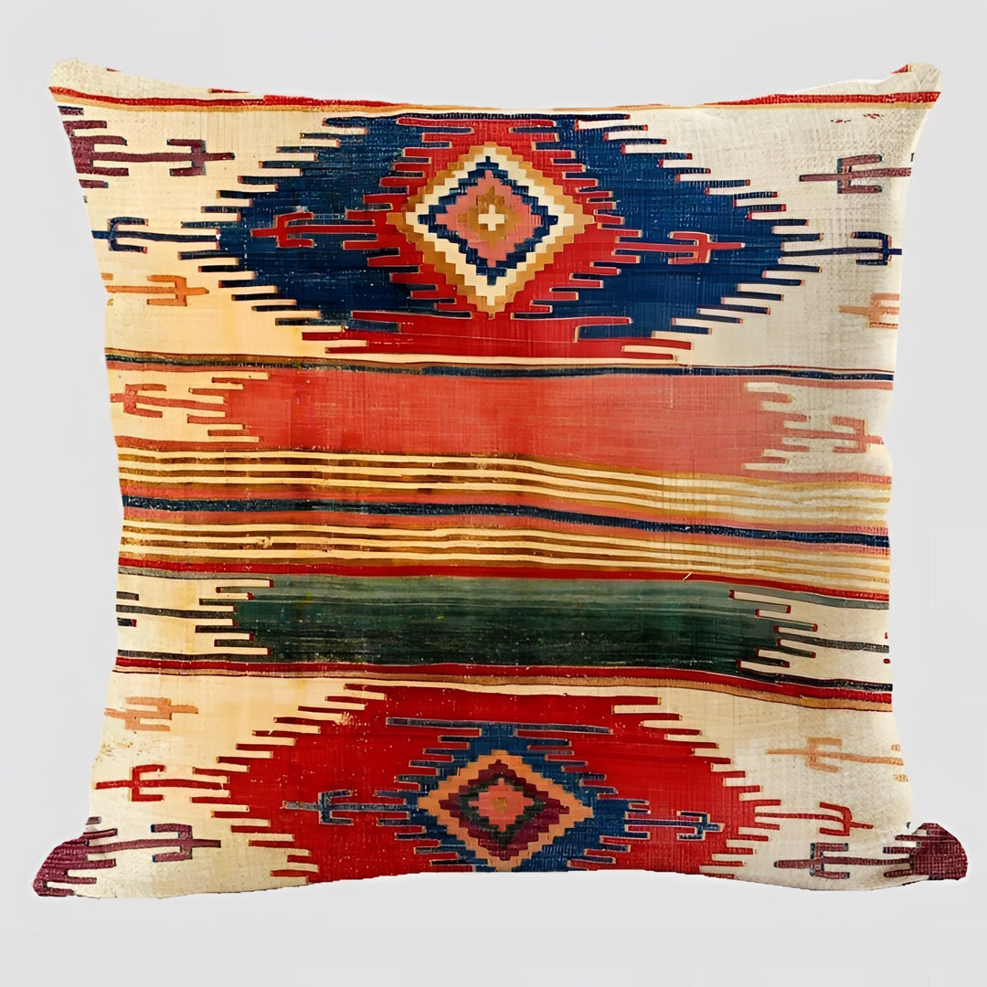 Bohemian Linen Cushion Cover with Handwoven Ethnic Patterns and Geometric Design, 17.7 Inch Square