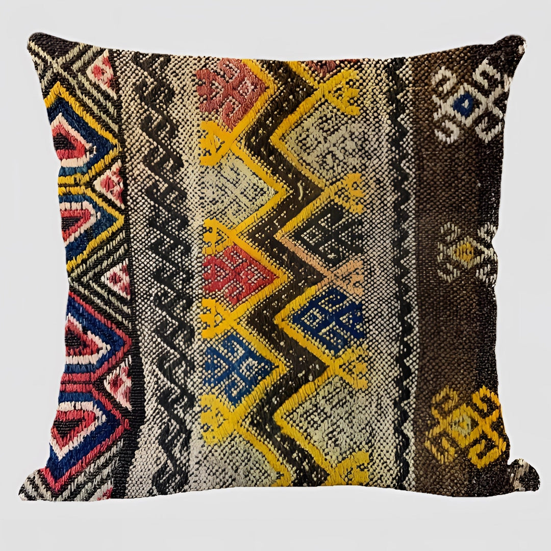 Bohemian Linen Cushion Cover with Handwoven Ethnic Patterns and Geometric Design, 17.7 Inch Square