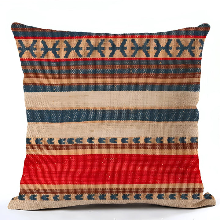 Bohemian Linen Cushion Cover with Handwoven Ethnic Patterns and Geometric Design, 17.7 Inch Square