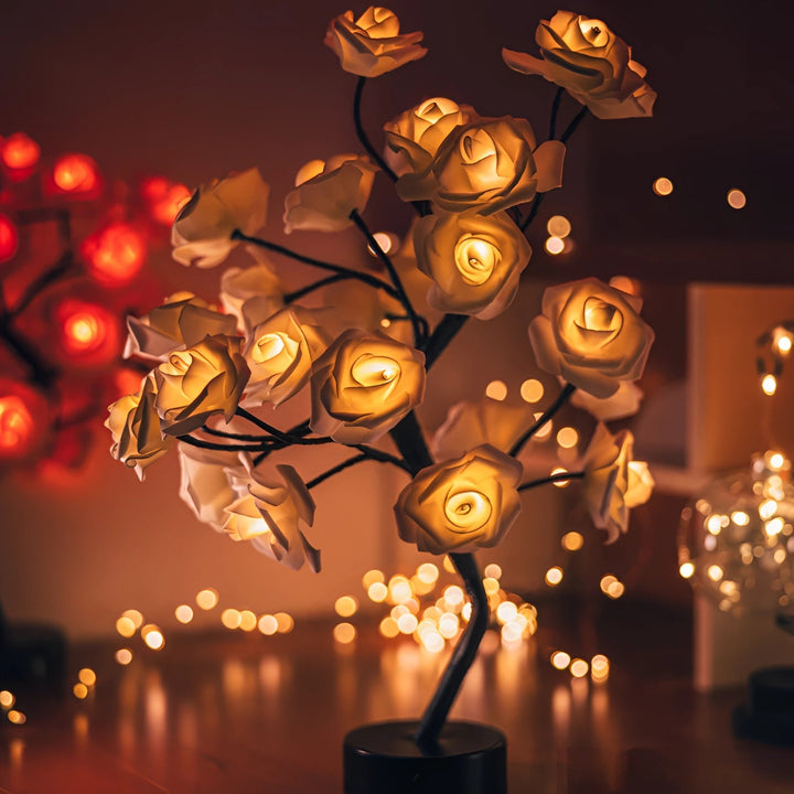 Rose Shaped Table Lamp with LED Warm Glow and Metal Stem, Four colour Options