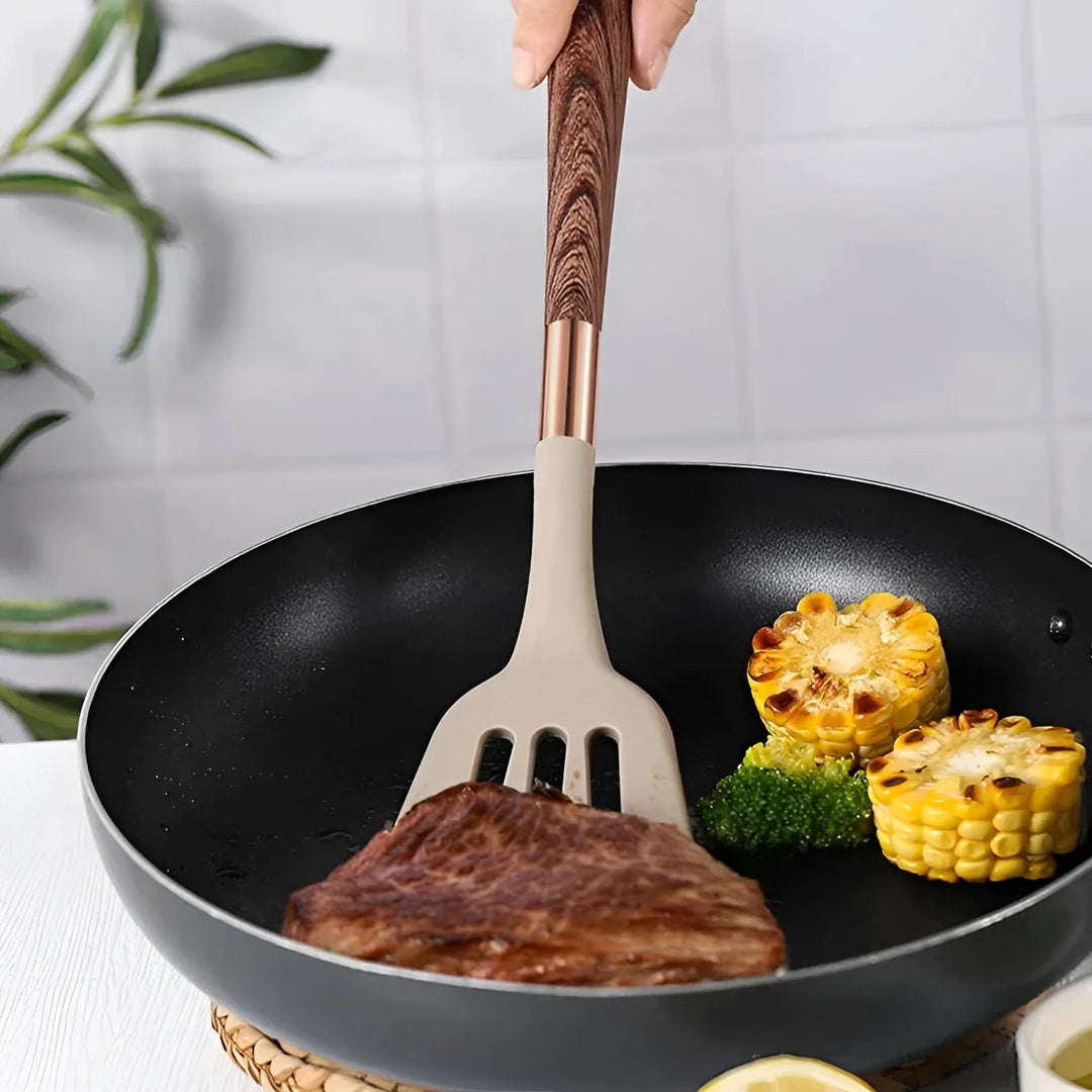 Silicone Kitchen Utensil Set with Wooden Handles and Copper Accents, 10-Piece