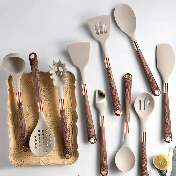 Silicone Kitchen Utensil Set with Wooden Handles and Copper Accents, 10-Piece