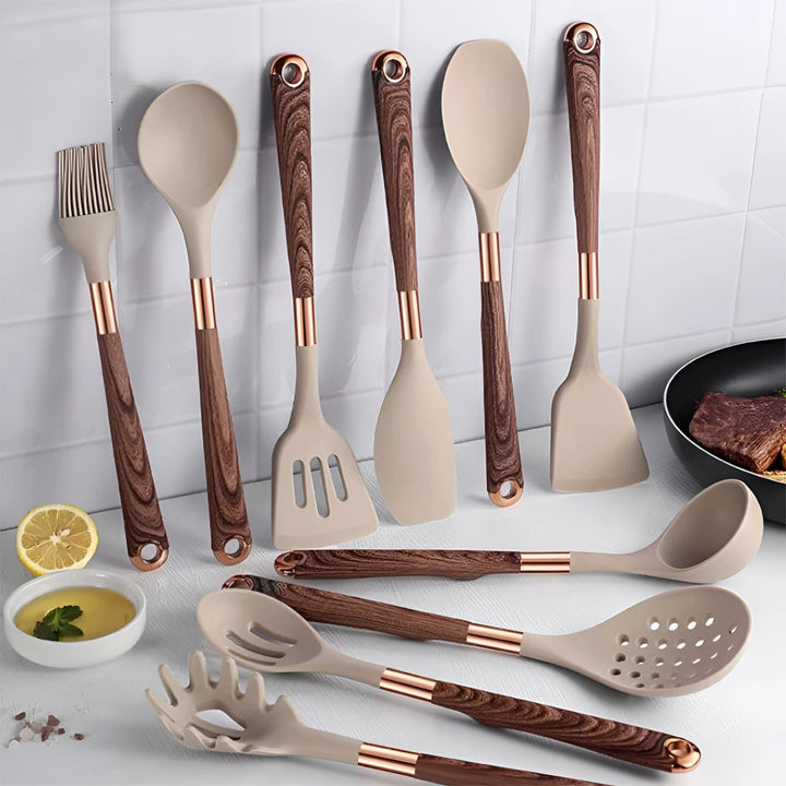Silicone Kitchen Utensil Set with Wooden Handles and Copper Accents, 10-Piece